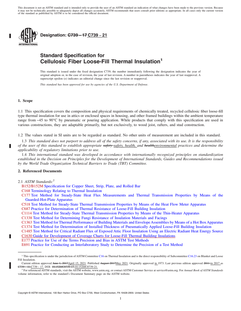 REDLINE ASTM C739-21 - Standard Specification for Cellulosic Fiber Loose-Fill Thermal Insulation