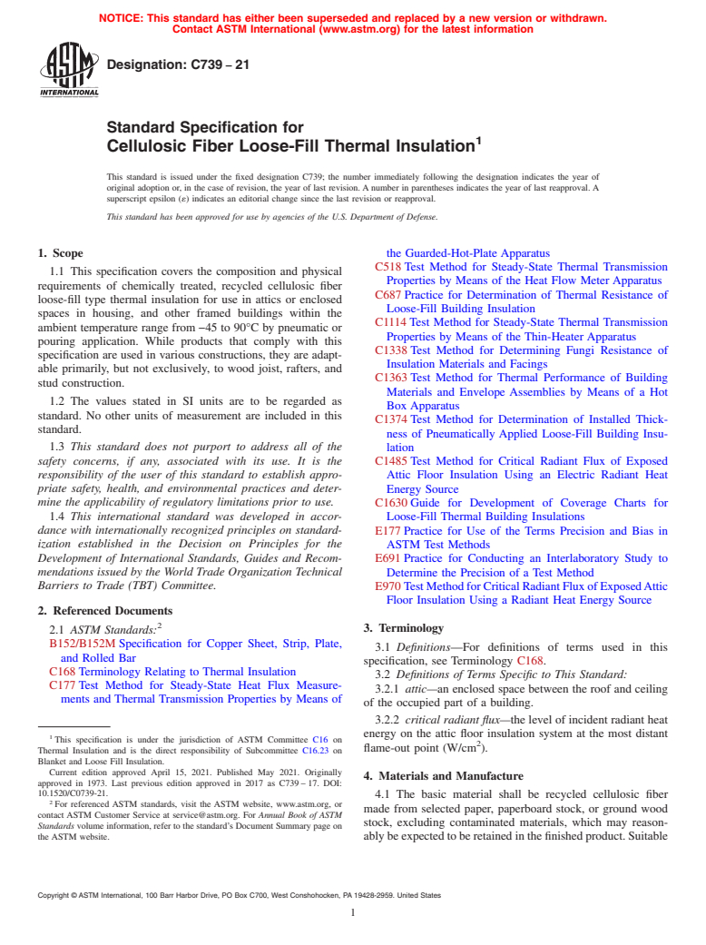 ASTM C739-21 - Standard Specification for Cellulosic Fiber Loose-Fill Thermal Insulation