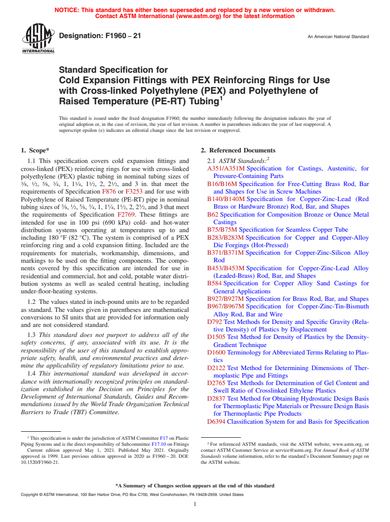 ASTM F1960-21 - Standard Specification for  Cold Expansion Fittings with PEX Reinforcing Rings for Use   with Cross-linked Polyethylene (PEX) and Polyethylene of Raised Temperature  (PE-RT) Tubing