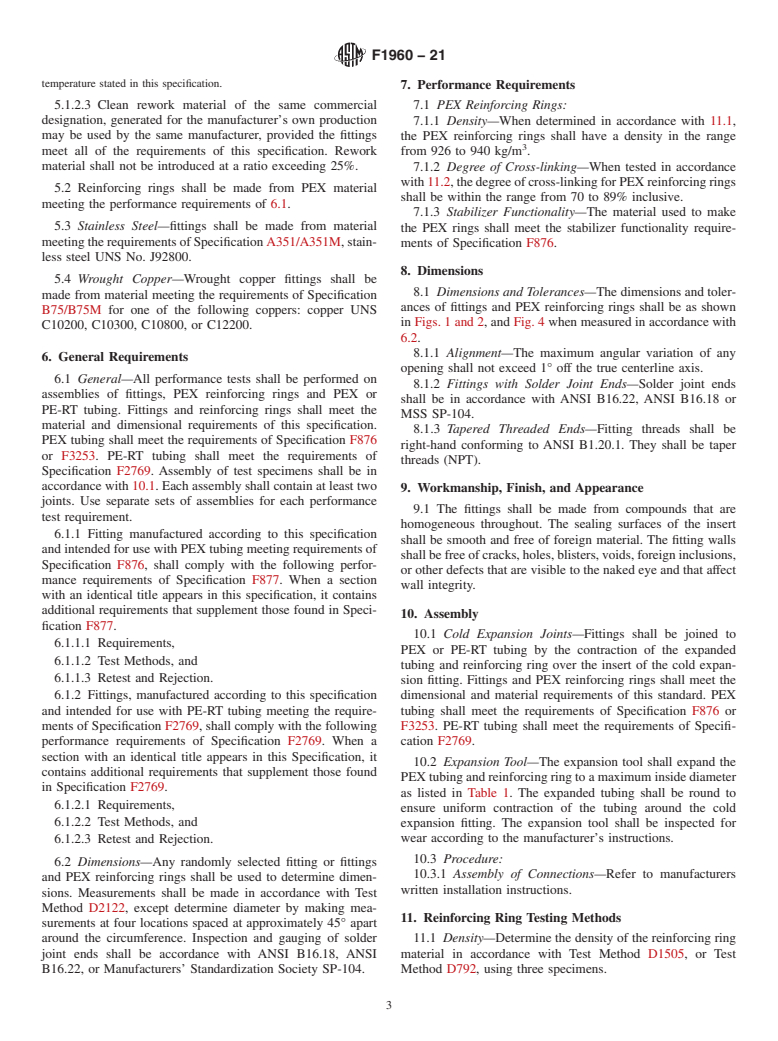 ASTM F1960-21 - Standard Specification for  Cold Expansion Fittings with PEX Reinforcing Rings for Use   with Cross-linked Polyethylene (PEX) and Polyethylene of Raised Temperature  (PE-RT) Tubing