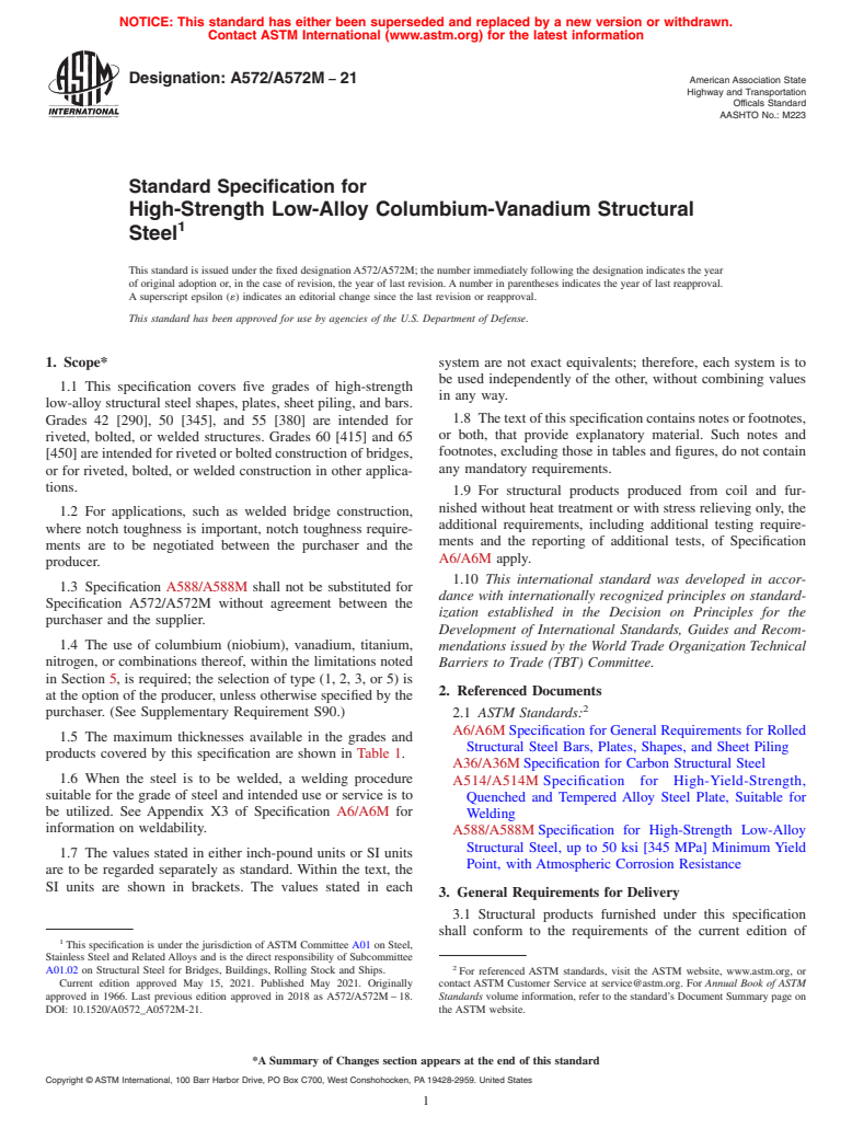 ASTM A572/A572M-21 - Standard Specification for  High-Strength Low-Alloy Columbium-Vanadium Structural Steel