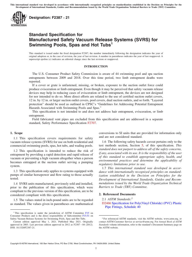 ASTM F2387-21 - Standard Specification for Manufactured Safety Vacuum Release Systems (SVRS) for Swimming  Pools, Spas and Hot Tubs