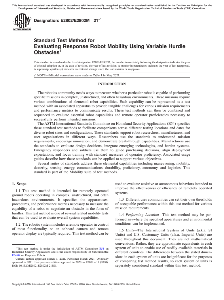 ASTM E2802/E2802M-21e1 - Standard Test Method for Evaluating Response Robot Mobility Using Variable Hurdle  Obstacles
