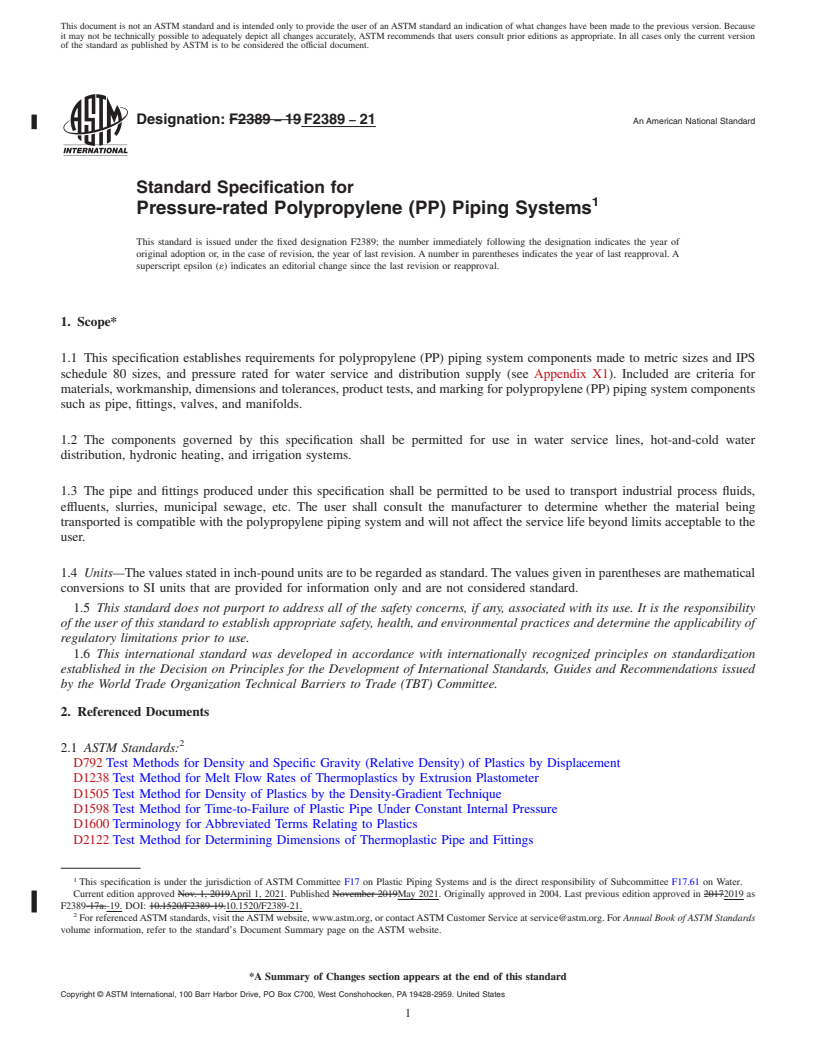 REDLINE ASTM F2389-21 - Standard Specification for  Pressure-rated Polypropylene (PP) Piping Systems