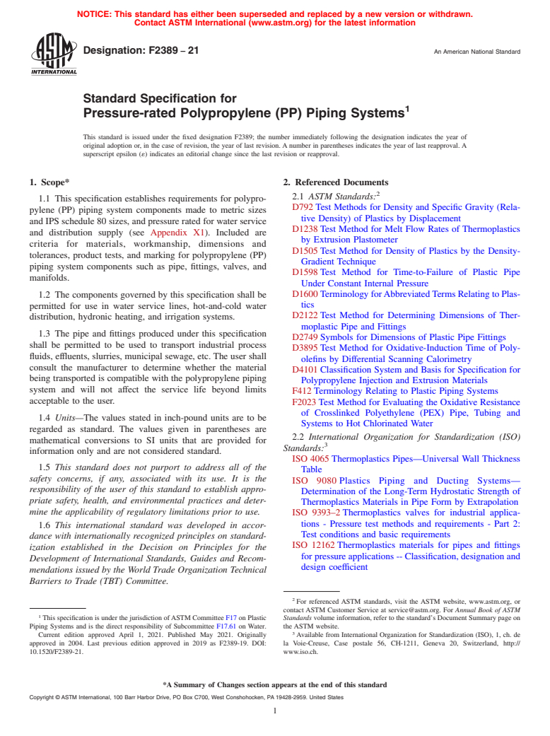 ASTM F2389-21 - Standard Specification for  Pressure-rated Polypropylene (PP) Piping Systems