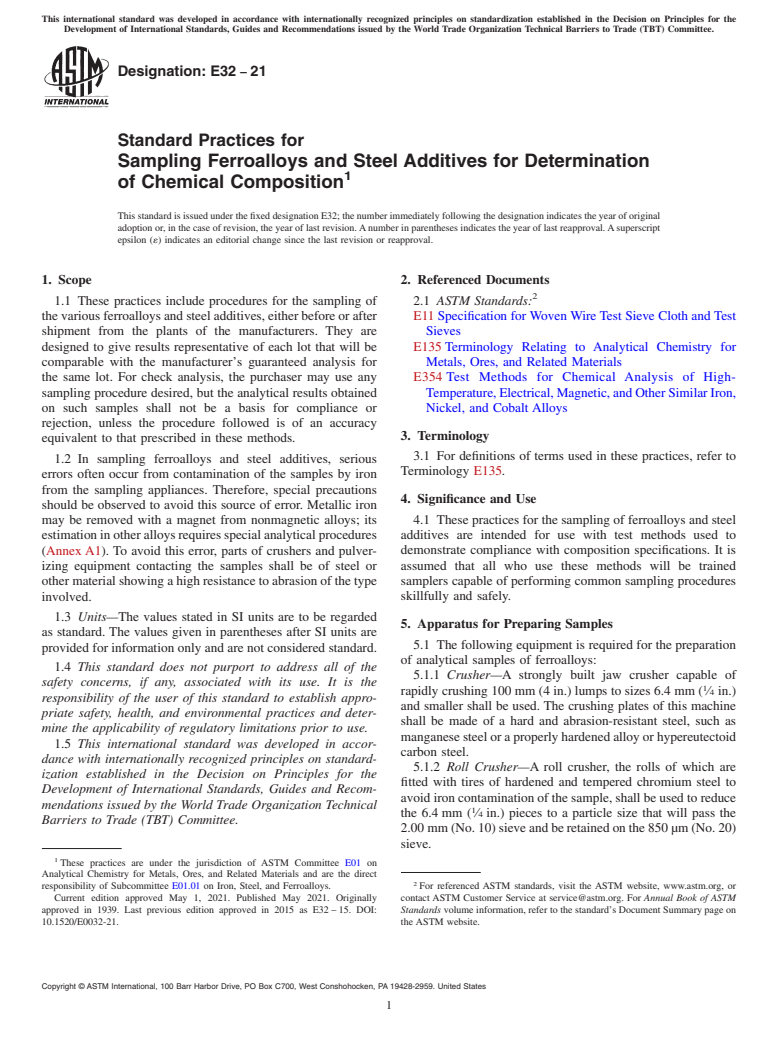ASTM E32-21 - Standard Practices for  Sampling Ferroalloys and Steel Additives for Determination  of Chemical Composition