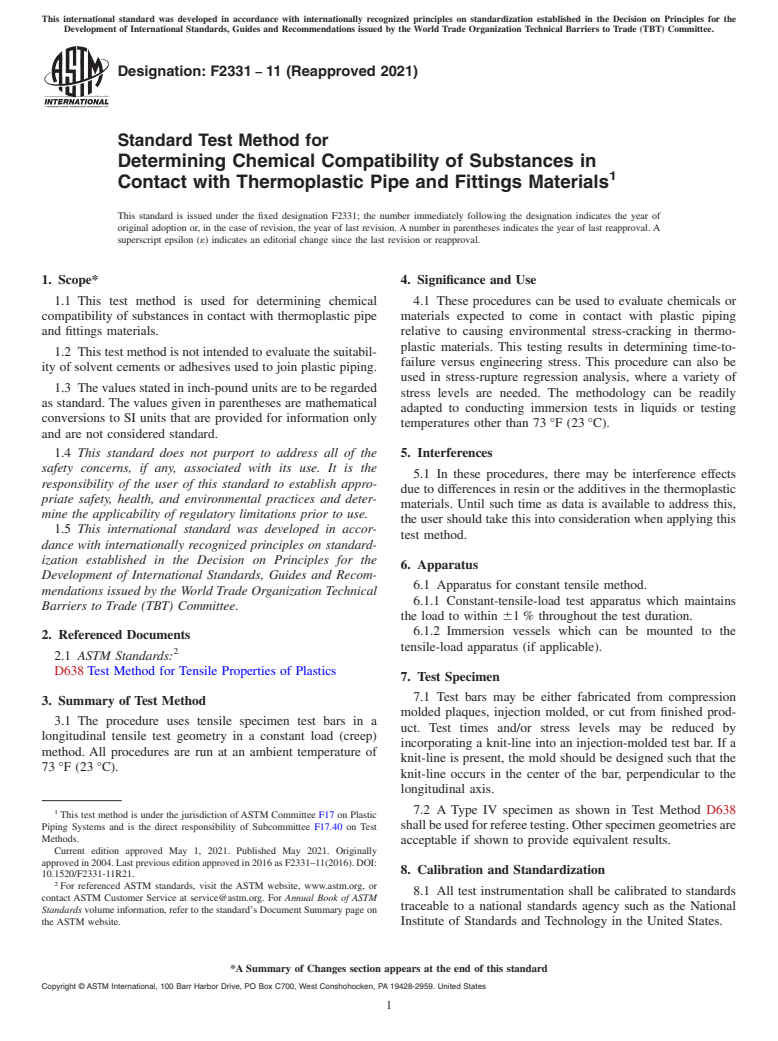 ASTM F2331-11(2021) - Standard Test Method for Determining Chemical Compatibility of Substances in Contact   with Thermoplastic Pipe and Fittings Materials