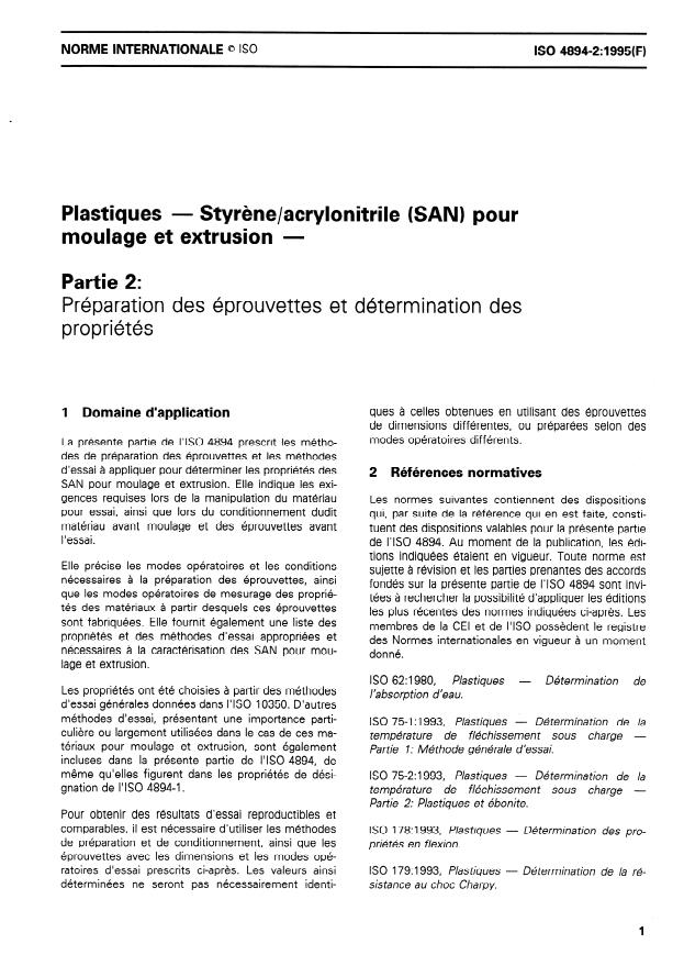ISO 4894-2:1995 - Plastiques -- Styrene/acrylonitrile (SAN) pour moulage et extrusion