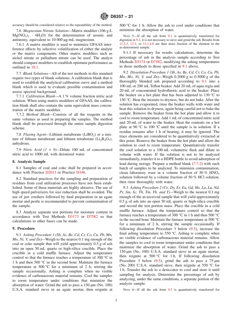 ASTM D6357-21 - Standard Test Methods for  Determination of Trace Elements in Coal, Coke, and Combustion  Residues from Coal Utilization Processes by Inductively Coupled Plasma  Atomic Emission Spectrometry, Inductively Coupled Plasma Mass Spectrometry,  and Graphite Furnace Atomic Absorption Spectrometry