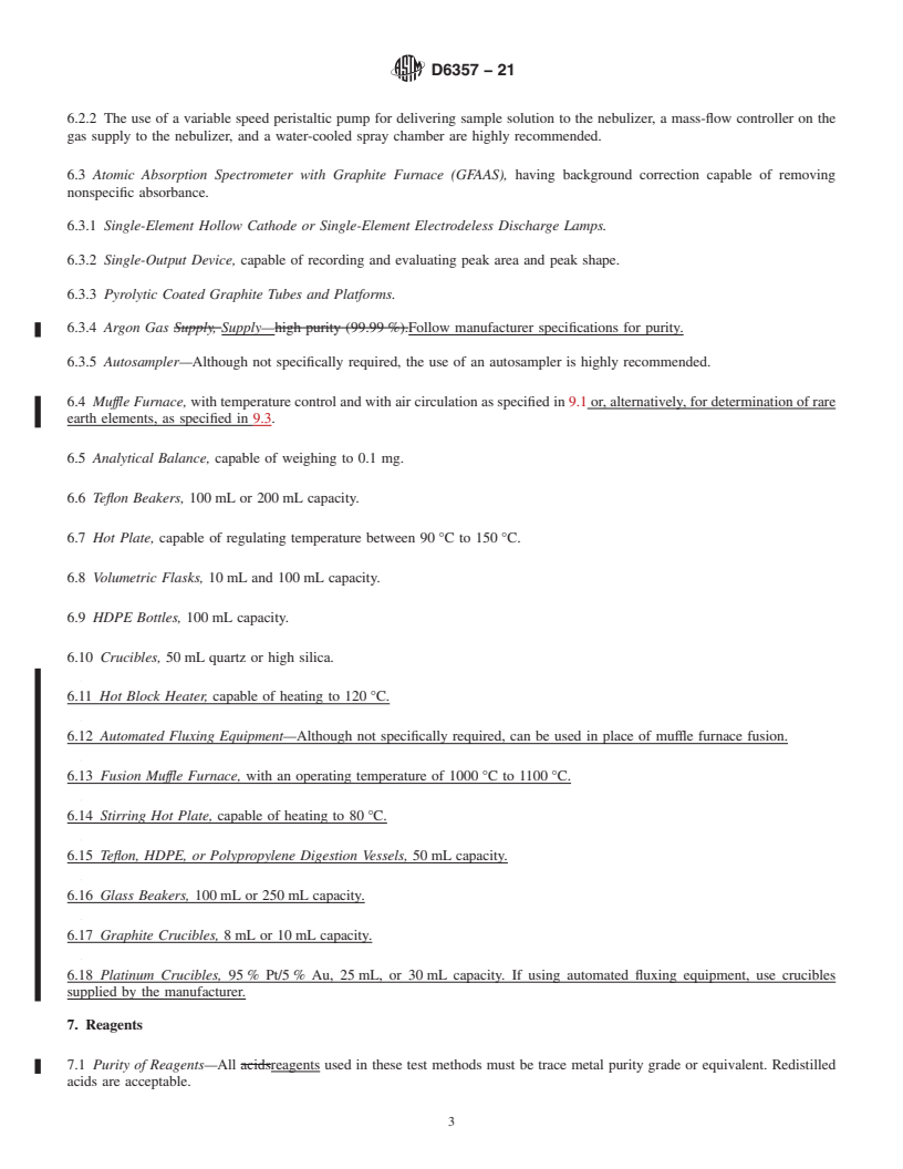 REDLINE ASTM D6357-21 - Standard Test Methods for  Determination of Trace Elements in Coal, Coke, and Combustion  Residues from Coal Utilization Processes by Inductively Coupled Plasma  Atomic Emission Spectrometry, Inductively Coupled Plasma Mass Spectrometry,  and Graphite Furnace Atomic Absorption Spectrometry