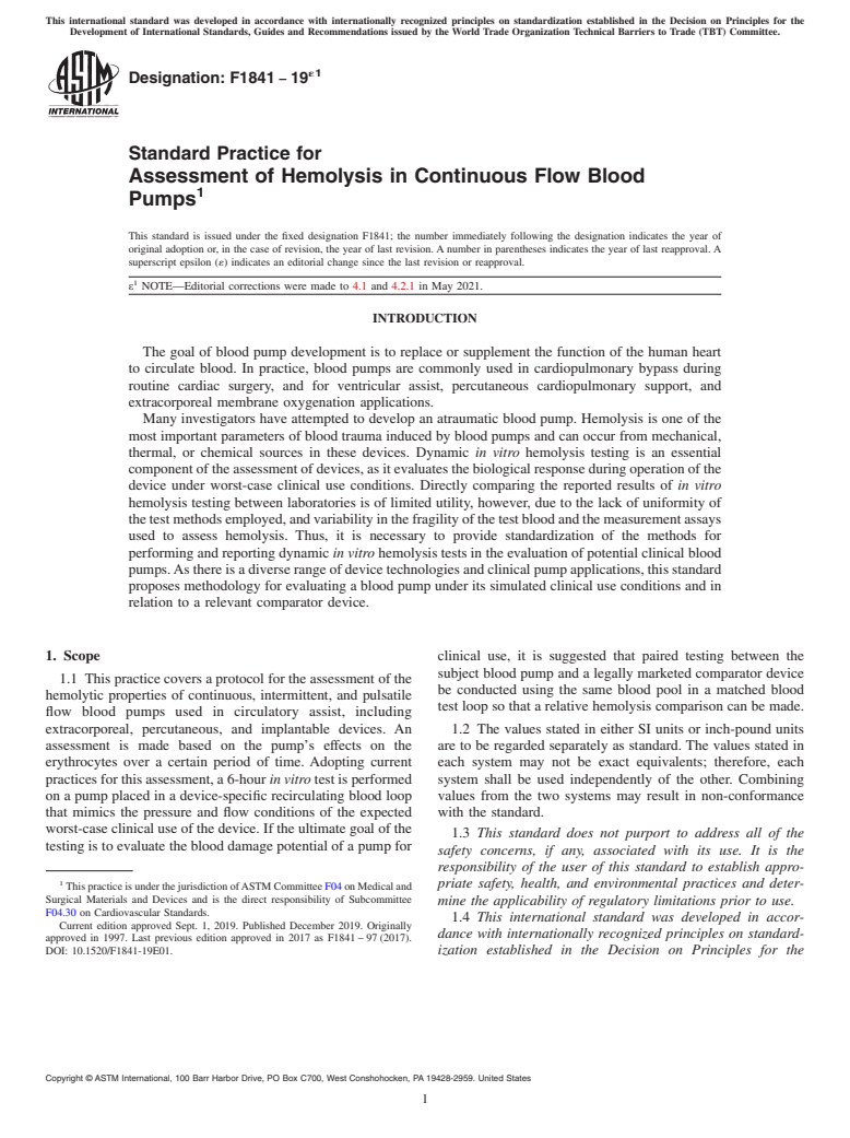 ASTM F1841-19e1 - Standard Practice for  Assessment of Hemolysis in Continuous Flow Blood Pumps
