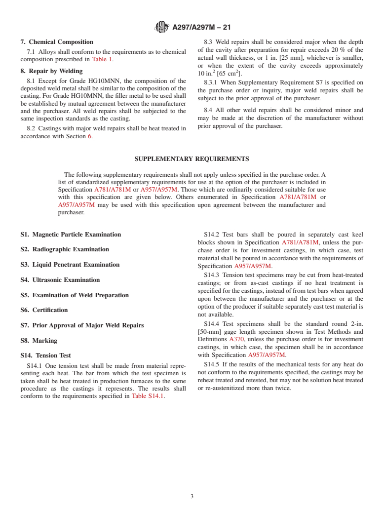 ASTM A297/A297M-21 - Standard Specification for Steel Castings, Iron-Chromium and Iron-Chromium-Nickel, Heat   Resistant, for General Application