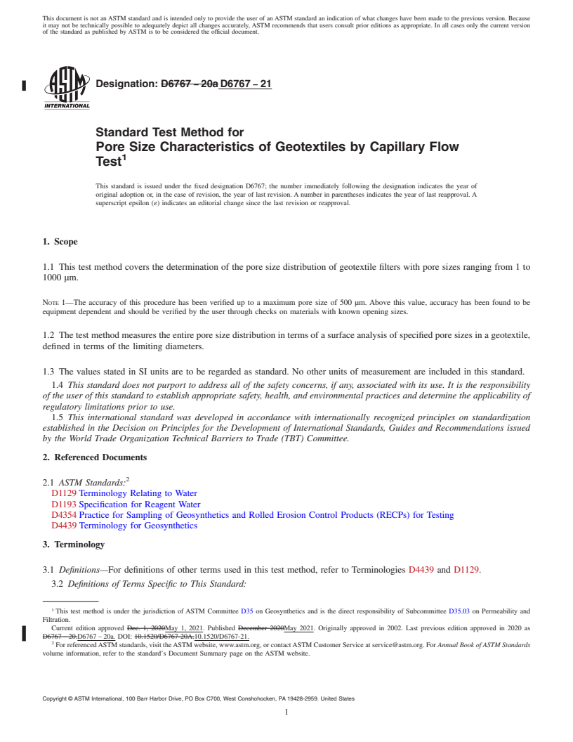 REDLINE ASTM D6767-21 - Standard Test Method for Pore Size Characteristics of Geotextiles by Capillary Flow  Test