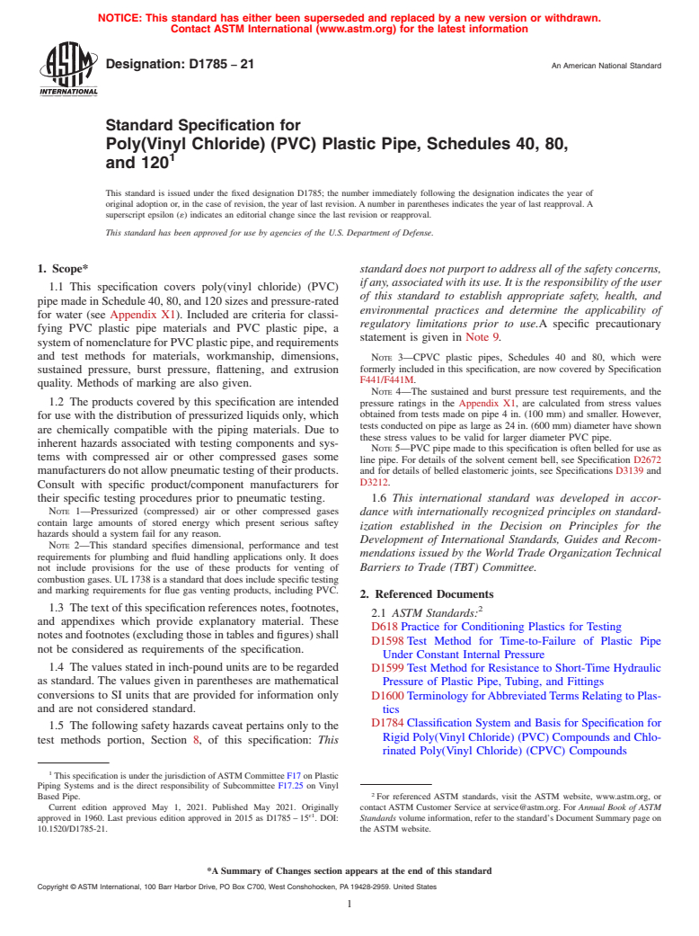 ASTM D1785-21 - Standard Specification for  Poly(Vinyl Chloride) (PVC) Plastic Pipe, Schedules 40, 80,   and 120