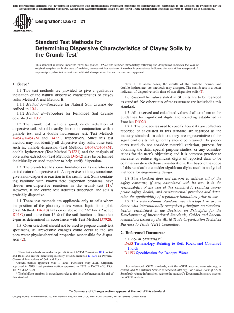 ASTM D6572-21 - Standard Test Methods for Determining Dispersive Characteristics of Clayey Soils by the  Crumb Test