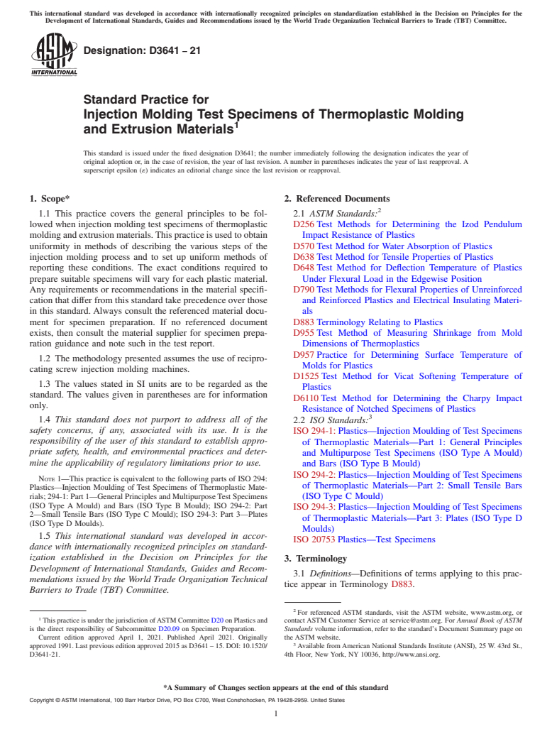 ASTM D3641-21 - Standard Practice for Injection Molding Test Specimens of Thermoplastic Molding and  Extrusion Materials