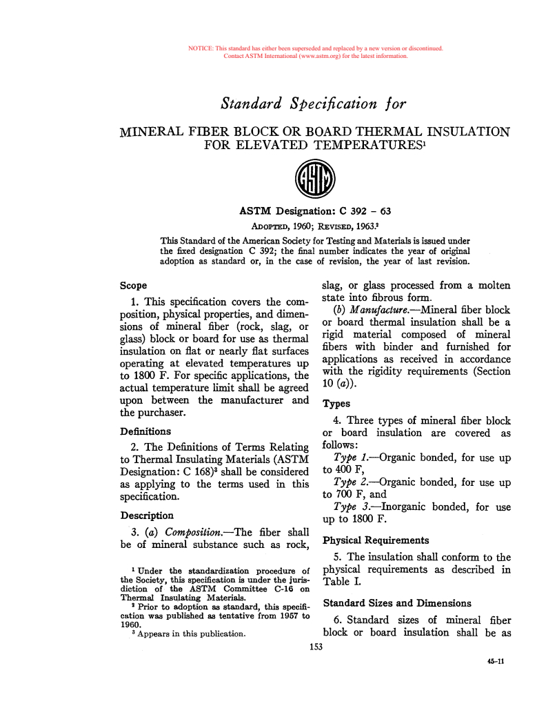 ASTM C392-63 - Specification for Mineral Fiber Block or Board Thermal Insulation for Elevated Temperatures (Withdrawn 1967)