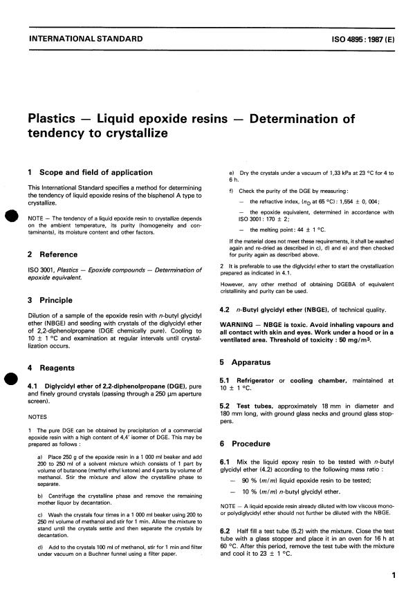 ISO 4895:1987 - Plastics -- Liquid epoxide resins -- Determination of tendency to crystallize