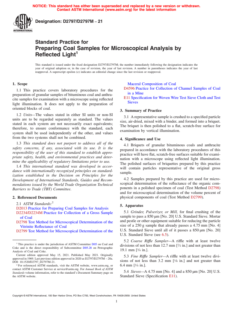 ASTM D2797/D2797M-21 - Standard Practice for  Preparing Coal Samples for Microscopical Analysis by Reflected  Light