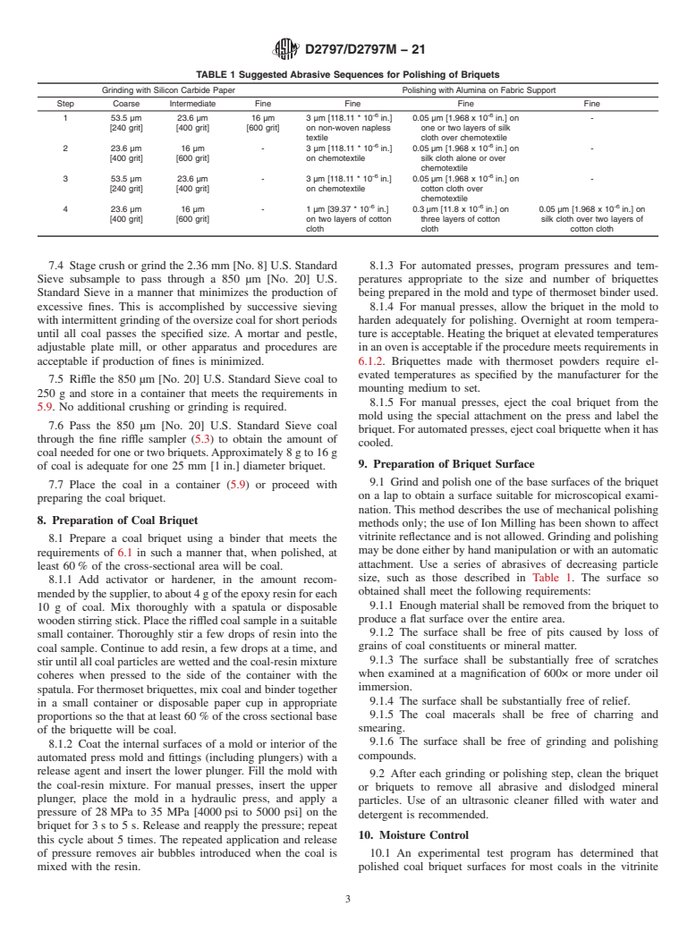 ASTM D2797/D2797M-21 - Standard Practice for  Preparing Coal Samples for Microscopical Analysis by Reflected  Light