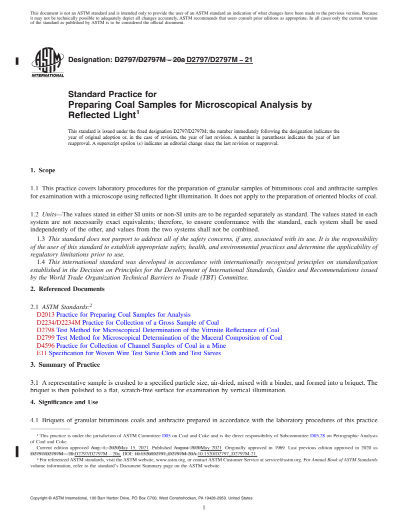 REDLINE ASTM D2797/D2797M-21 - Standard Practice for  Preparing Coal Samples for Microscopical Analysis by Reflected  Light