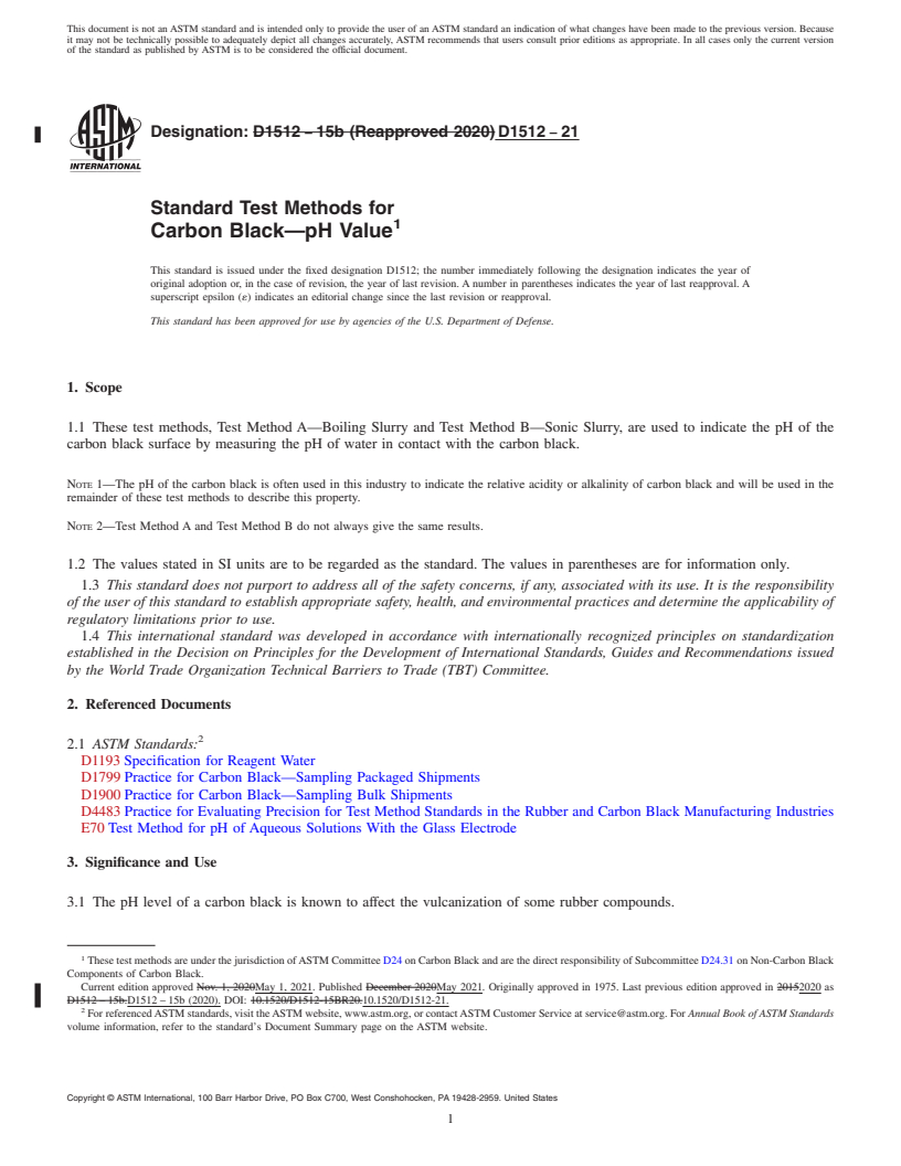 REDLINE ASTM D1512-21 - Standard Test Methods for Carbon Black—pH Value