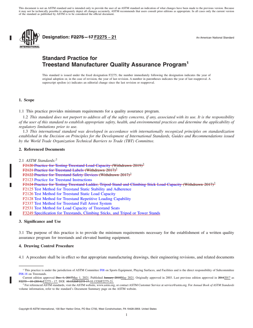 REDLINE ASTM F2275-21 - Standard Practice for Treestand Manufacturer Quality Assurance Program
