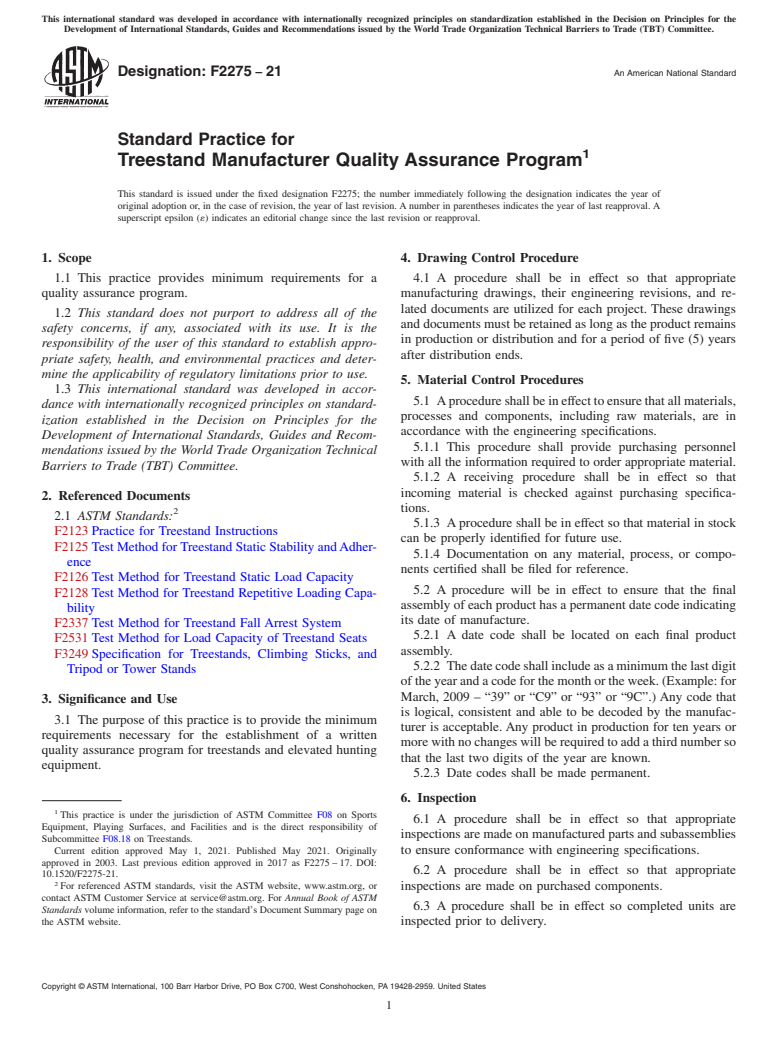 ASTM F2275-21 - Standard Practice for Treestand Manufacturer Quality Assurance Program