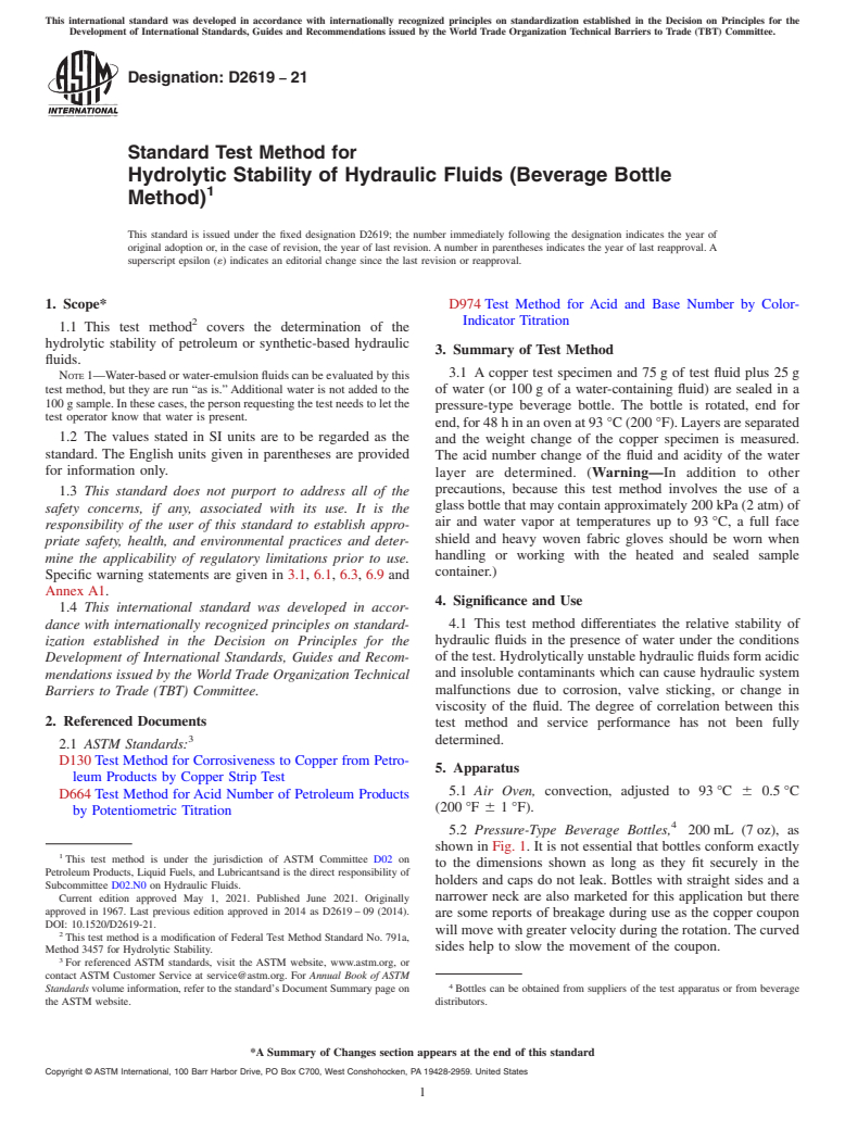 ASTM D2619-21 - Standard Test Method for  Hydrolytic Stability of Hydraulic Fluids (Beverage Bottle Method)