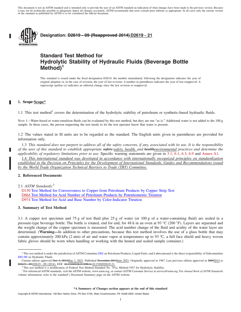 REDLINE ASTM D2619-21 - Standard Test Method for  Hydrolytic Stability of Hydraulic Fluids (Beverage Bottle Method)