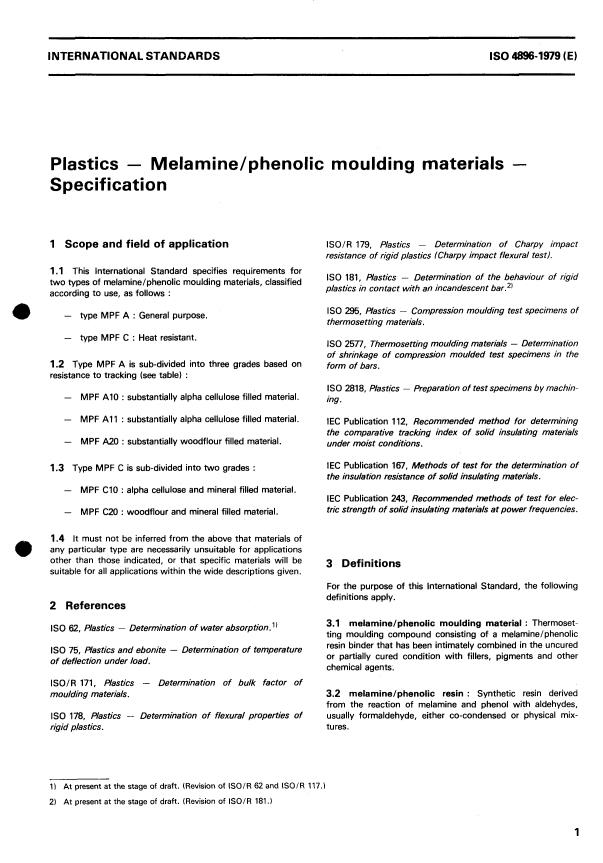 ISO 4896:1979 - Plastics -- Melamine/phenolic moulding materials -- Specification