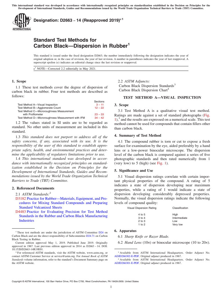 ASTM D2663-14(2019)e1 - Standard Test Methods for  Carbon Black—Dispersion in Rubber