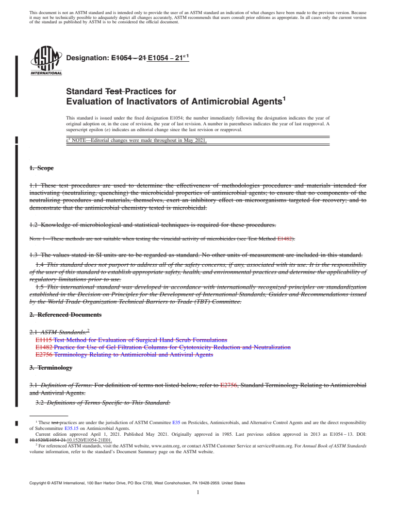 REDLINE ASTM E1054-21e1 - Standard Practices for  Evaluation of Inactivators of Antimicrobial Agents