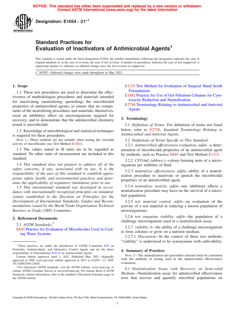 ASTM E1054-21e1 - Standard Practices for  Evaluation of Inactivators of Antimicrobial Agents