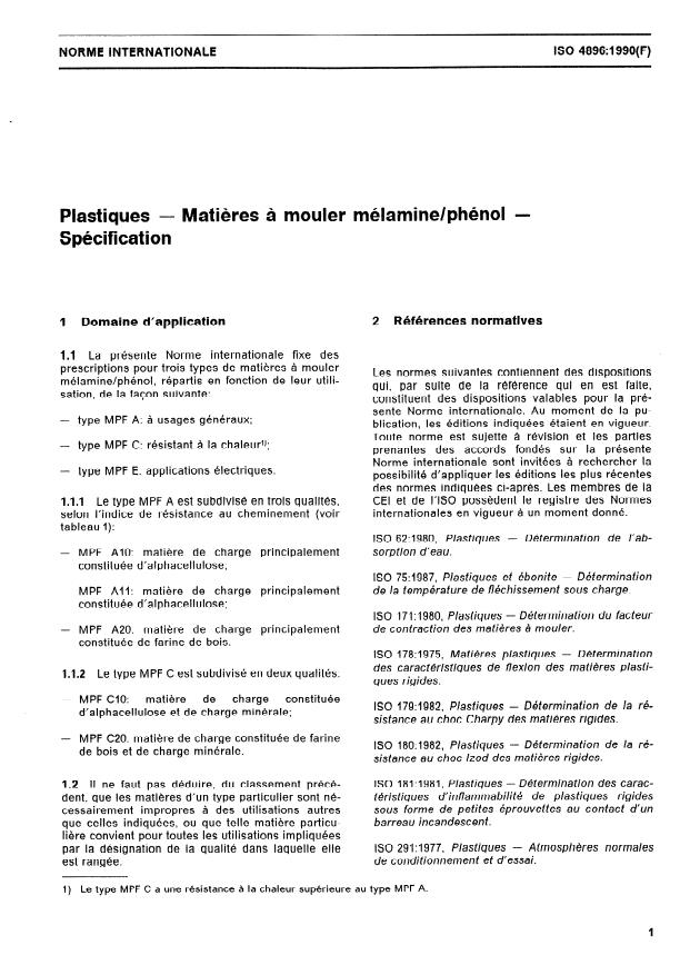 ISO 4896:1990 - Plastiques -- Matieres a mouler mélamine/phénol -- Spécification