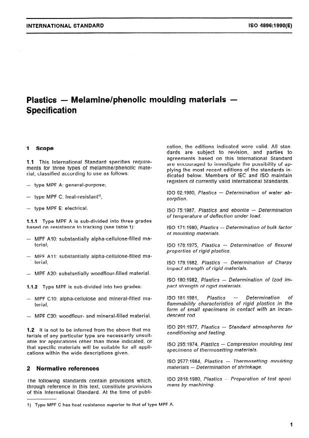 ISO 4896:1990 - Plastics -- Melamine/phenolic moulding materials -- Specification