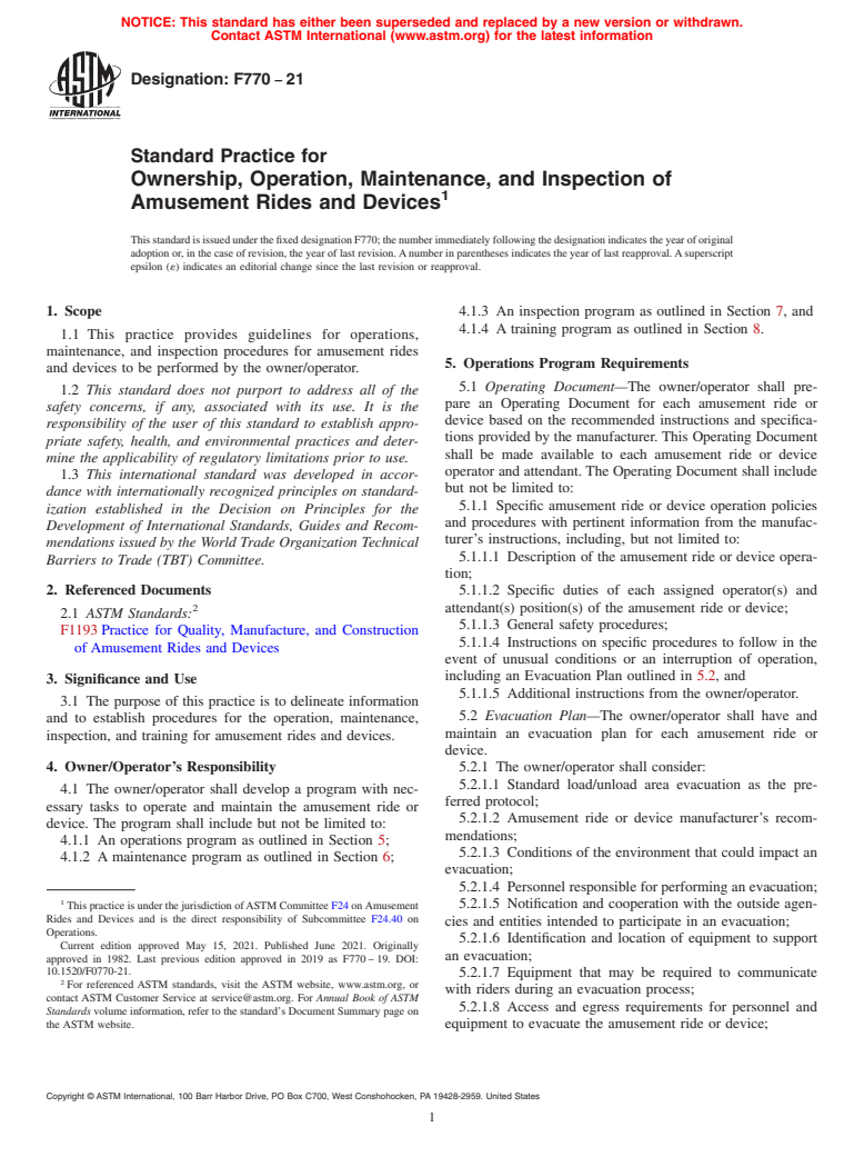 ASTM F770-21 - Standard Practice for Ownership, Operation, Maintenance, and Inspection of Amusement  Rides and Devices