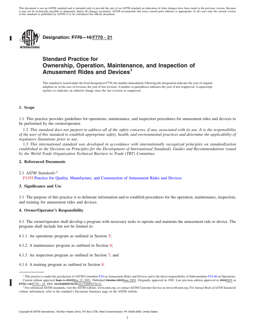 REDLINE ASTM F770-21 - Standard Practice for Ownership, Operation, Maintenance, and Inspection of Amusement  Rides and Devices