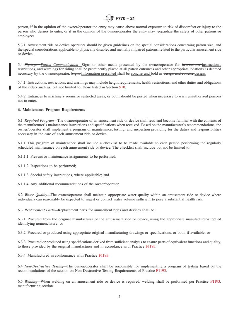 REDLINE ASTM F770-21 - Standard Practice for Ownership, Operation, Maintenance, and Inspection of Amusement  Rides and Devices