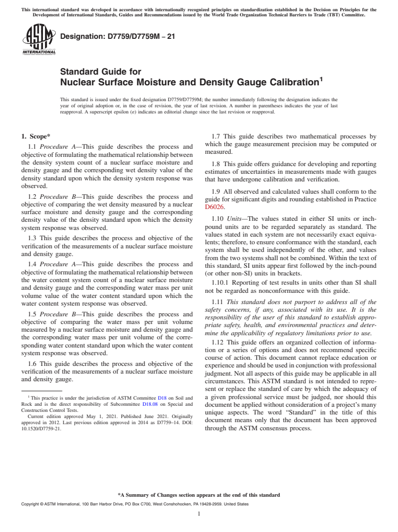 ASTM D7759/D7759M-21 - Standard Guide for  Nuclear Surface Moisture and Density Gauge Calibration