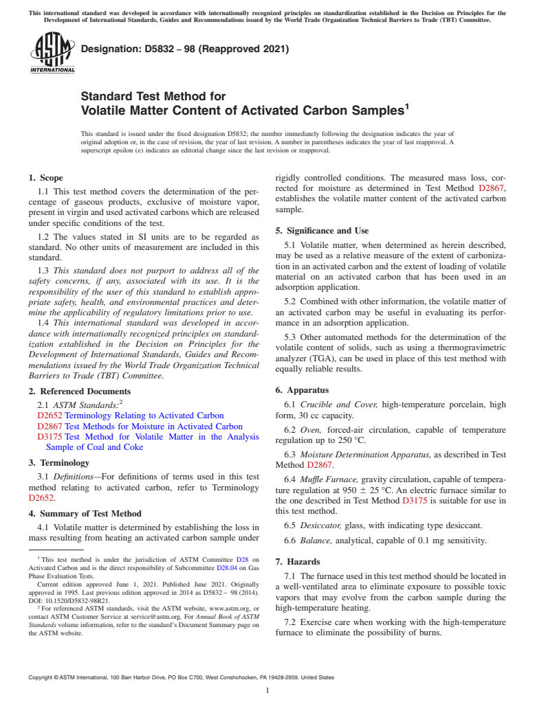 ASTM D5832-98(2021) - Standard Test Method for Volatile Matter Content of Activated Carbon Samples