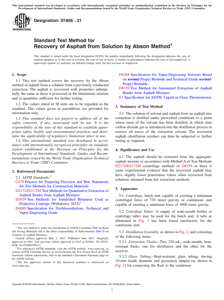 ASTM D1856-21 - Standard Test Method for Recovery of Asphalt from Solution by Abson Method