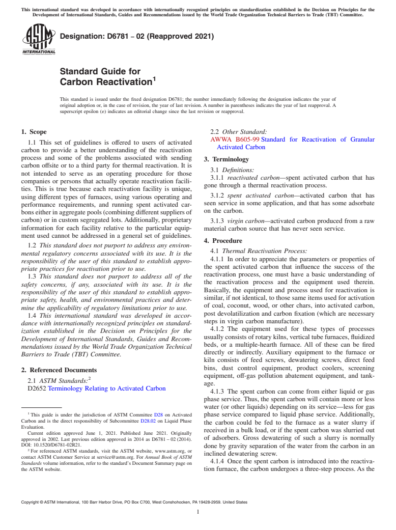 ASTM D6781-02(2021) - Standard Guide for Carbon Reactivation