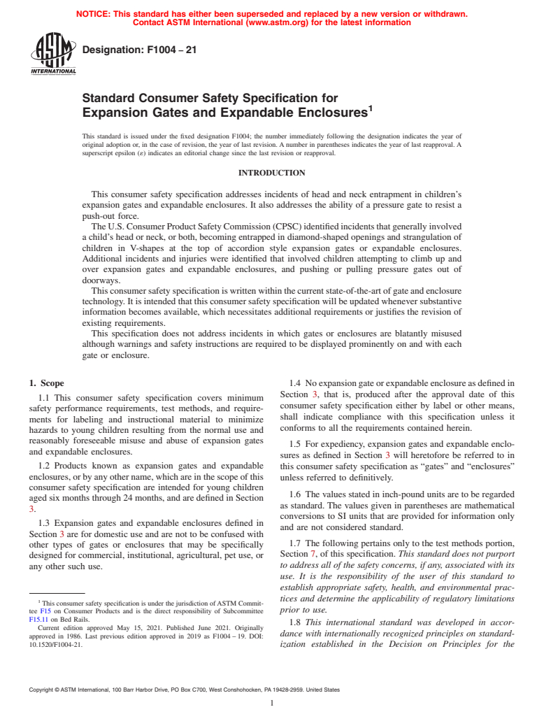 ASTM F1004-21 - Standard Consumer Safety Specification for Expansion Gates and Expandable Enclosures