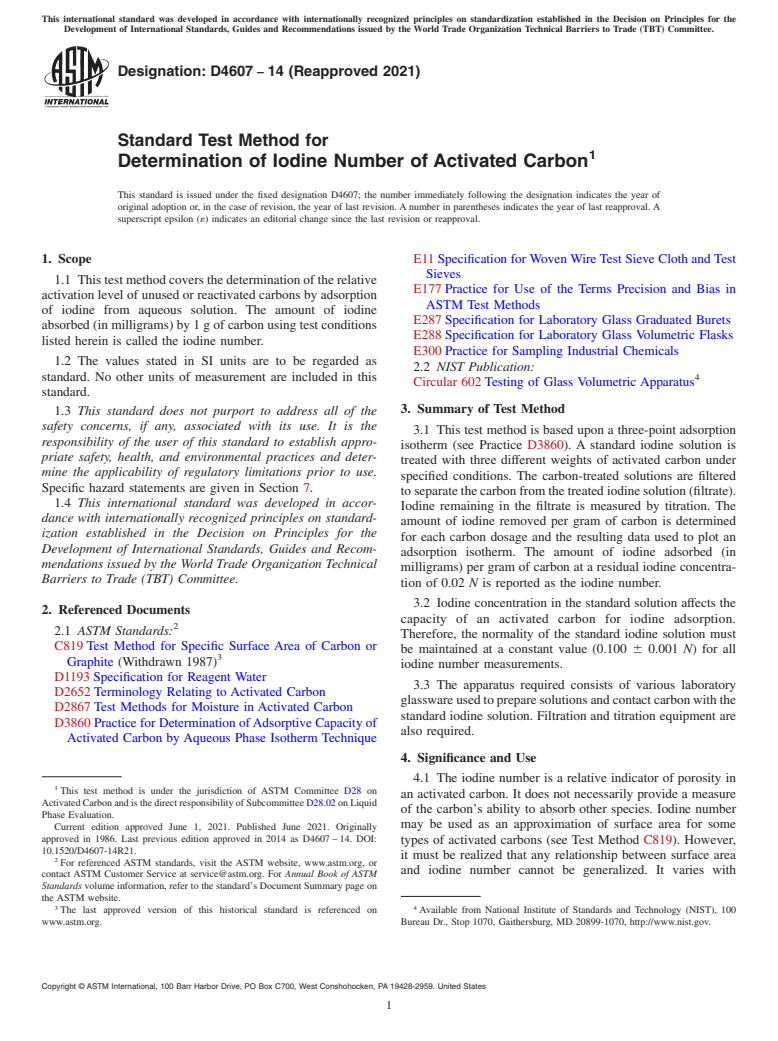 ASTM D4607-14(2021) - Standard Test Method for Determination of Iodine Number of Activated Carbon