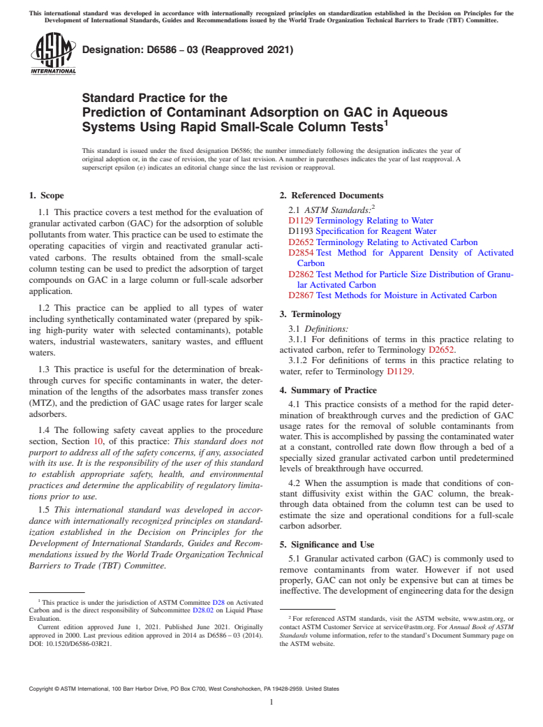 ASTM D6586-03(2021) - Standard Practice for the Prediction of Contaminant Adsorption on GAC in Aqueous Systems  Using Rapid Small-Scale Column Tests