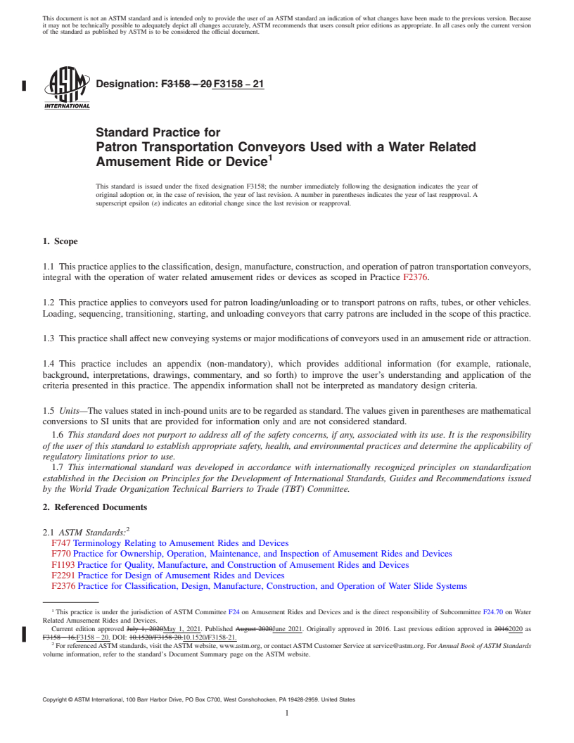 REDLINE ASTM F3158-21 - Standard Practice for Patron Transportation Conveyors Used with a Water Related Amusement  Ride or Device