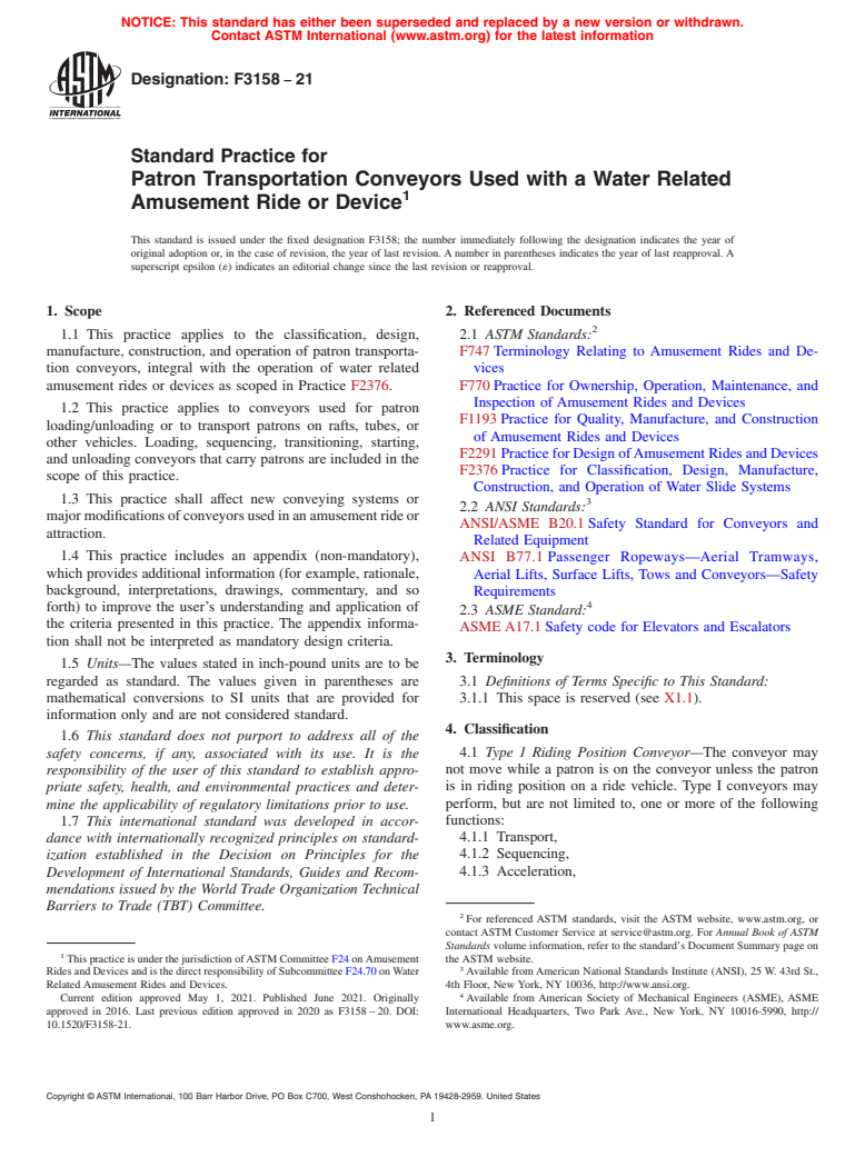 ASTM F3158-21 - Standard Practice for Patron Transportation Conveyors Used with a Water Related Amusement  Ride or Device