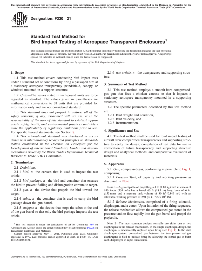 ASTM F330-21 - Standard Test Method for  Bird Impact Testing of Aerospace Transparent Enclosures