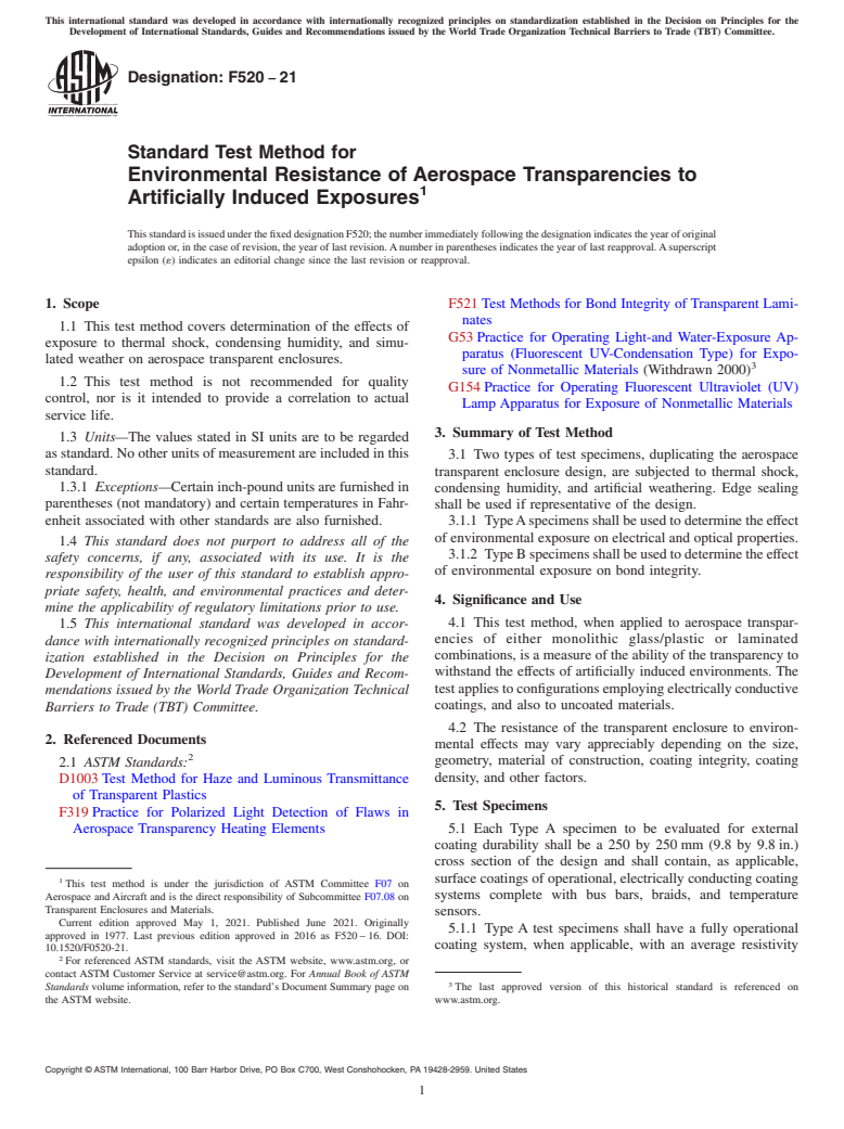 ASTM F520-21 - Standard Test Method for  Environmental Resistance of Aerospace Transparencies to Artificially  Induced Exposures